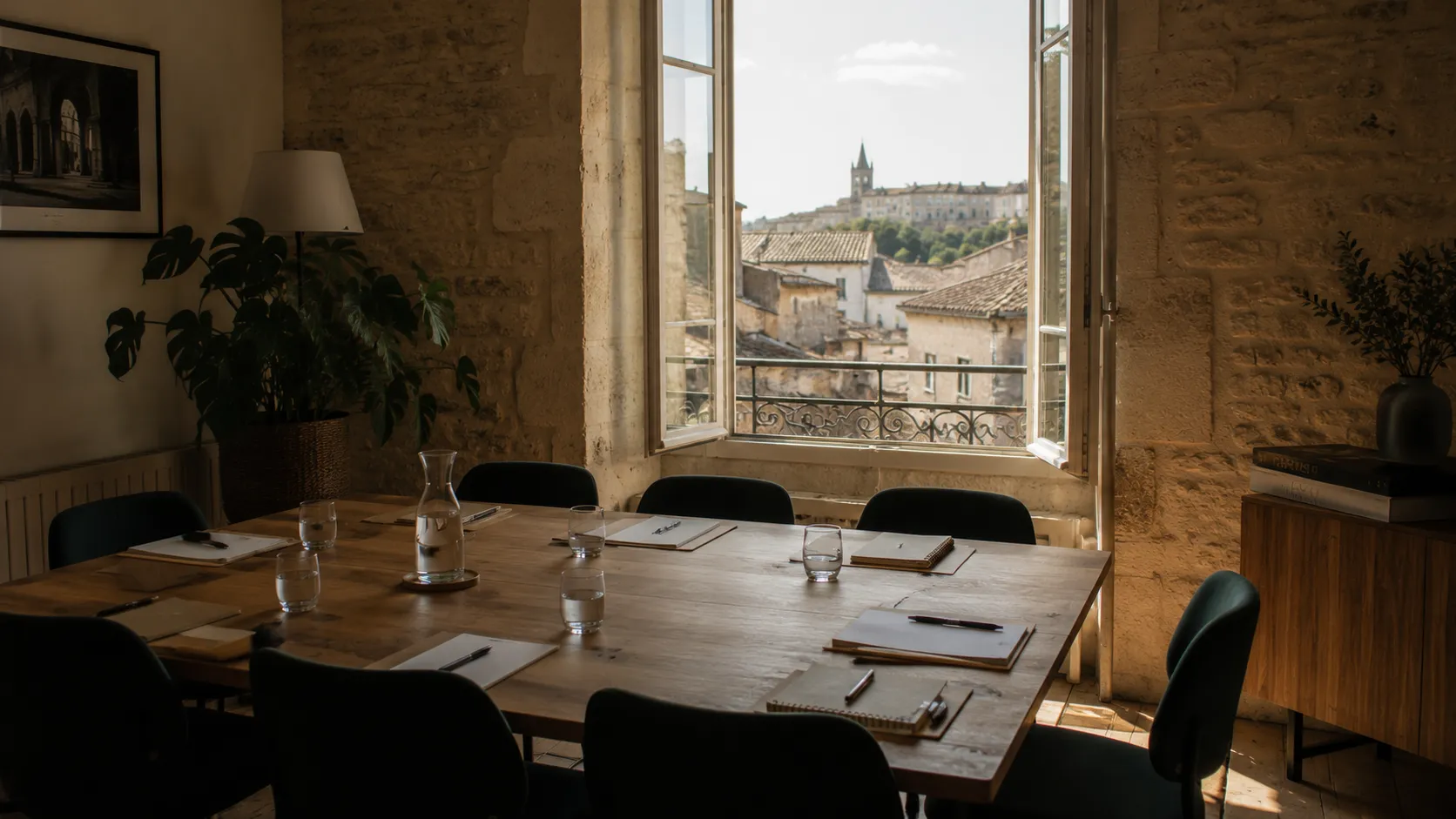 Salle de réunion avec vue sur les toits d'Angoulême et son clocher