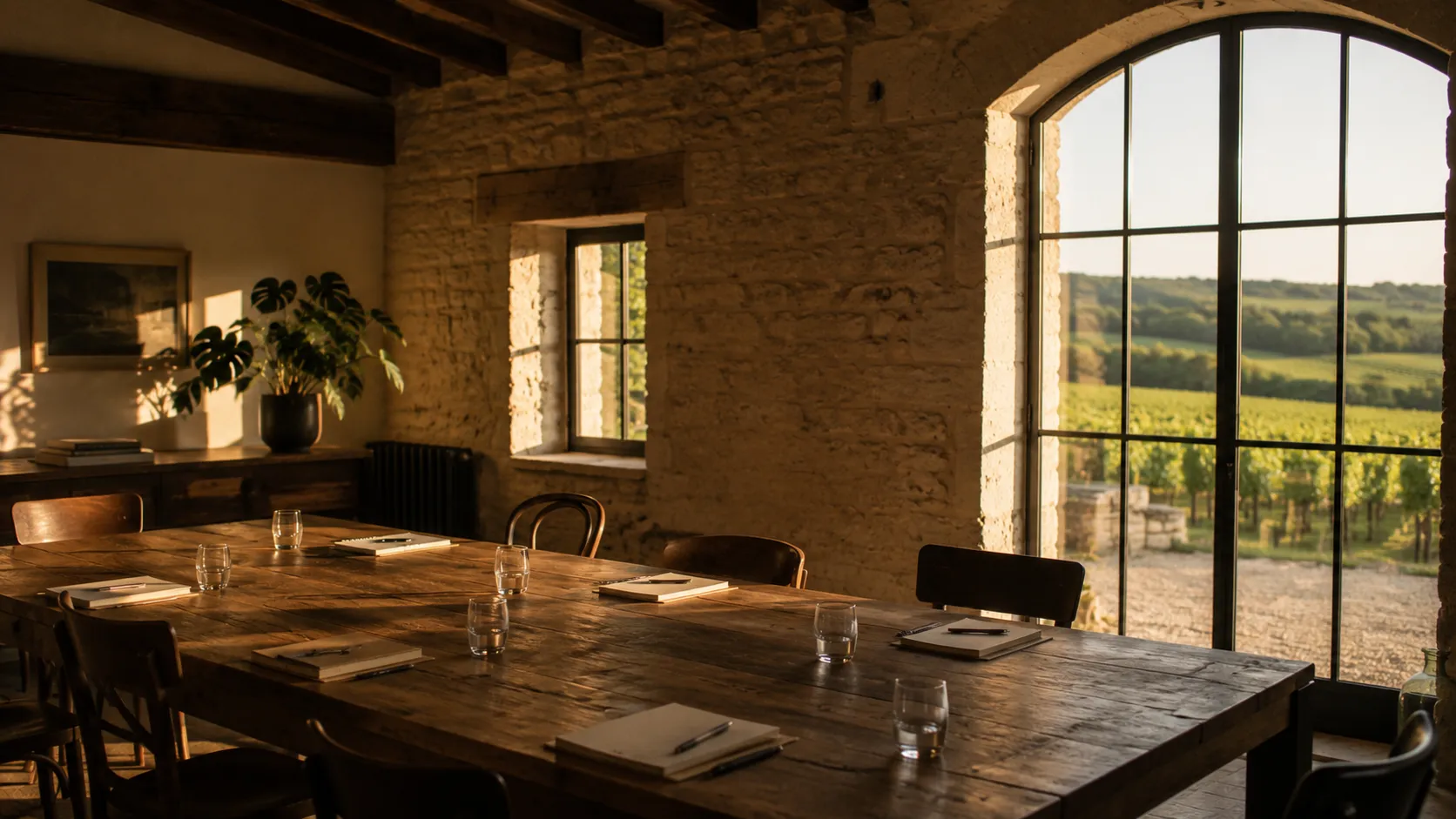 Salle de réunion en pierre avec vue sur les vignes de Cognac