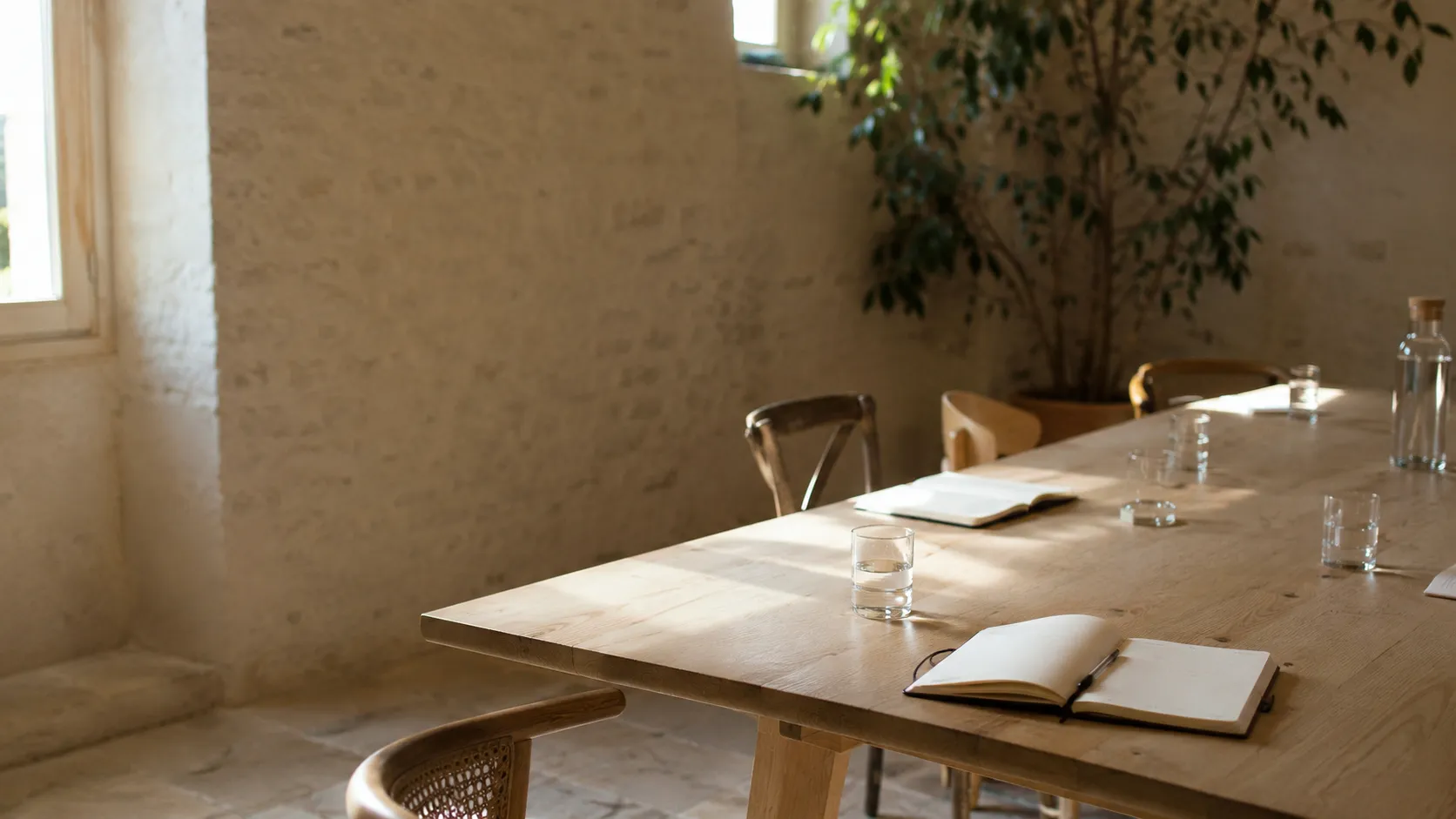 Salle de réunion lumineuse, murs en pierre claire, table en bois